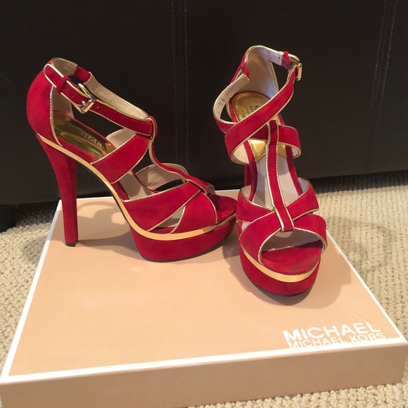 Michael Kors | Shoes | Michael Kors Red Gold Suede Heels | Poshmark